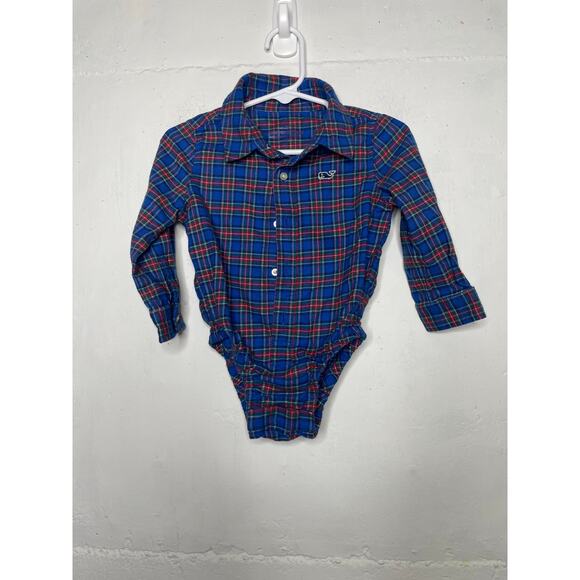 Vineyard Vines Infant Baby Blue Plaid Flannel One Piece Collared Polo 6-12 Mo - Picture 1 of 8